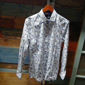 House of Cavani White//Grey Print Cotton Tailored Fit Dress Shirt  ( M )